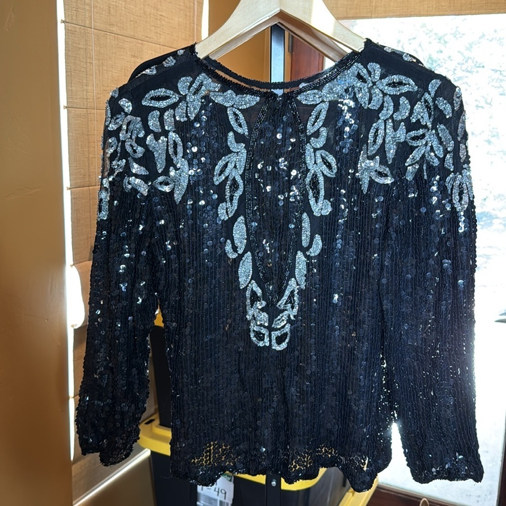 Vintage 80s Silk Beaded Sequin Top Petite Illustrations Black Silver Blouse PM - Picture 10 of 13